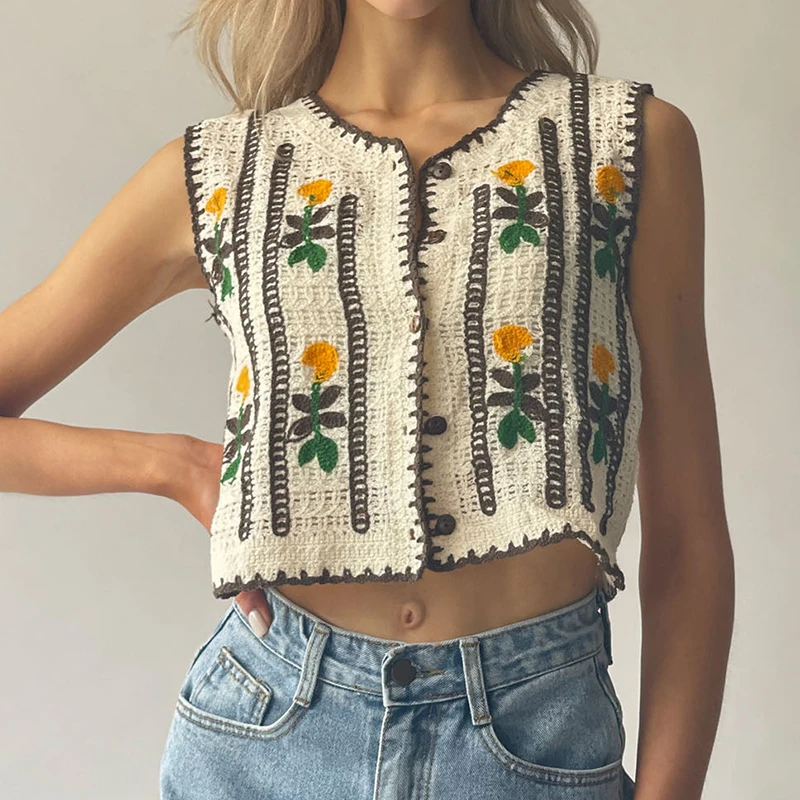 Sewing Vest - سترة نسائية مطرزة بالزهور من الكروشيه